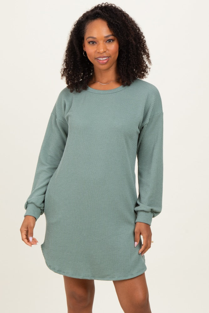 Light Olive Rib Knit Long Sleeve Dress