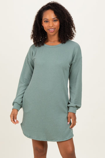 Light Olive Rib Knit Long Sleeve Dress