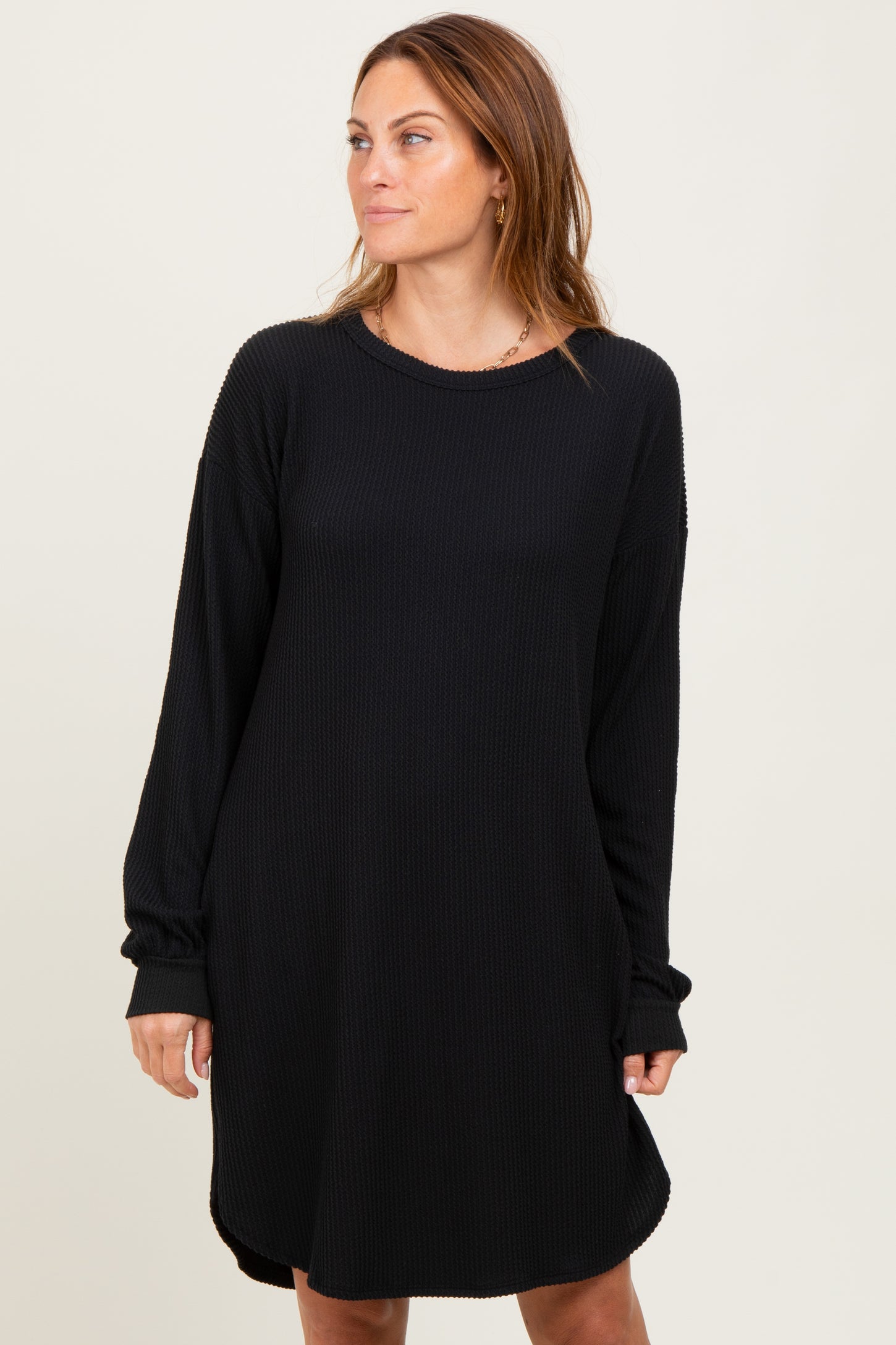 Black Rib Knit Long Sleeve Dress