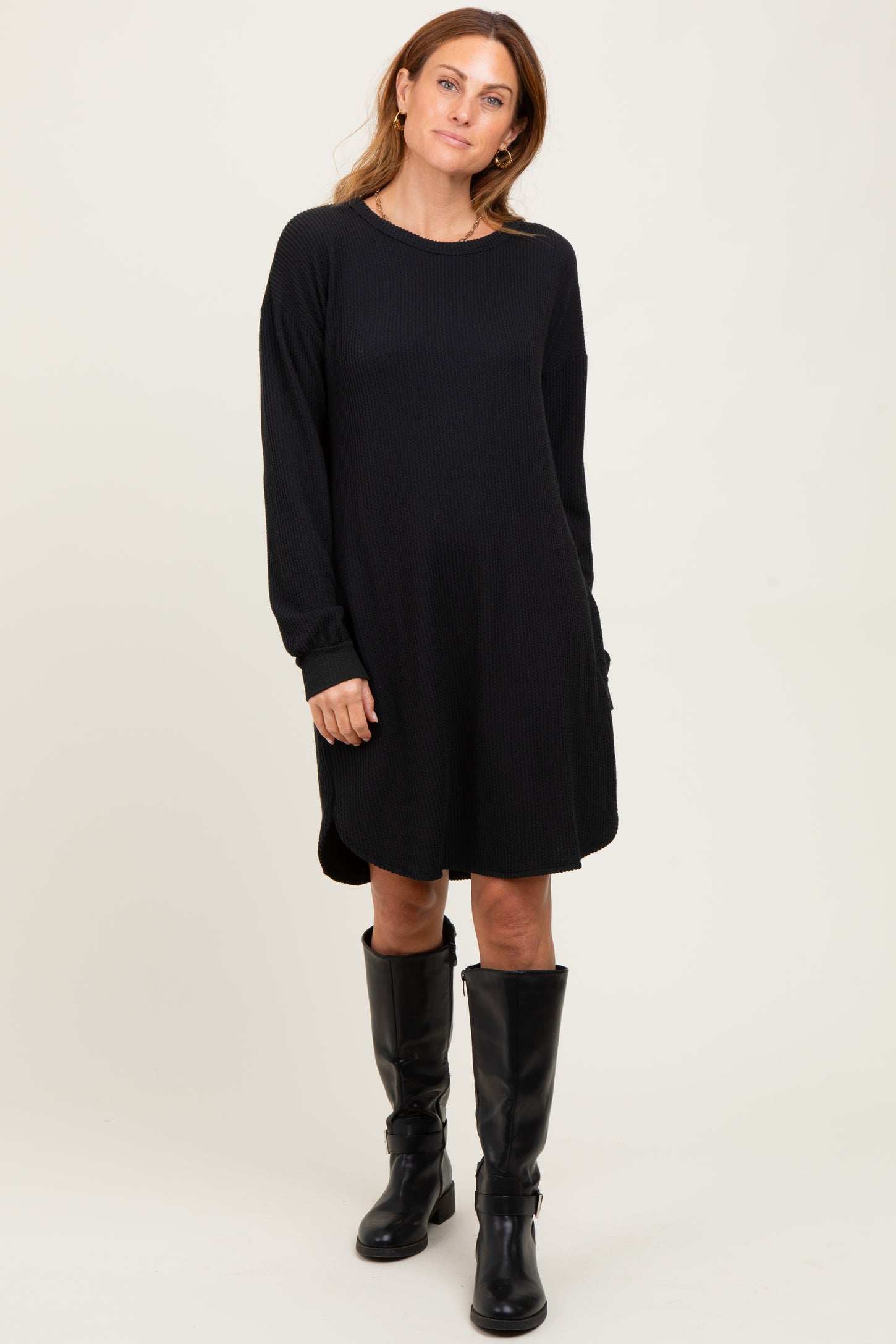 Black Rib Knit Long Sleeve Maternity Dress