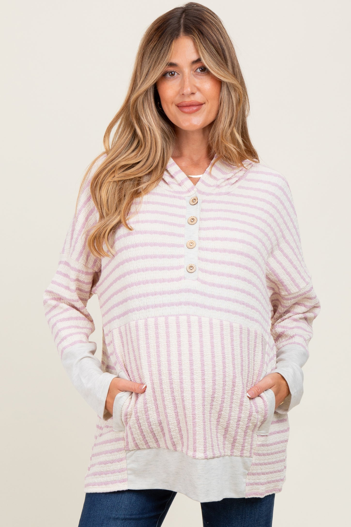 Light Pink Textured Stripe Button Up Maternity Hoodie