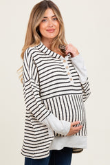 Cream Textured Stripe Button Up Maternity Hoodie