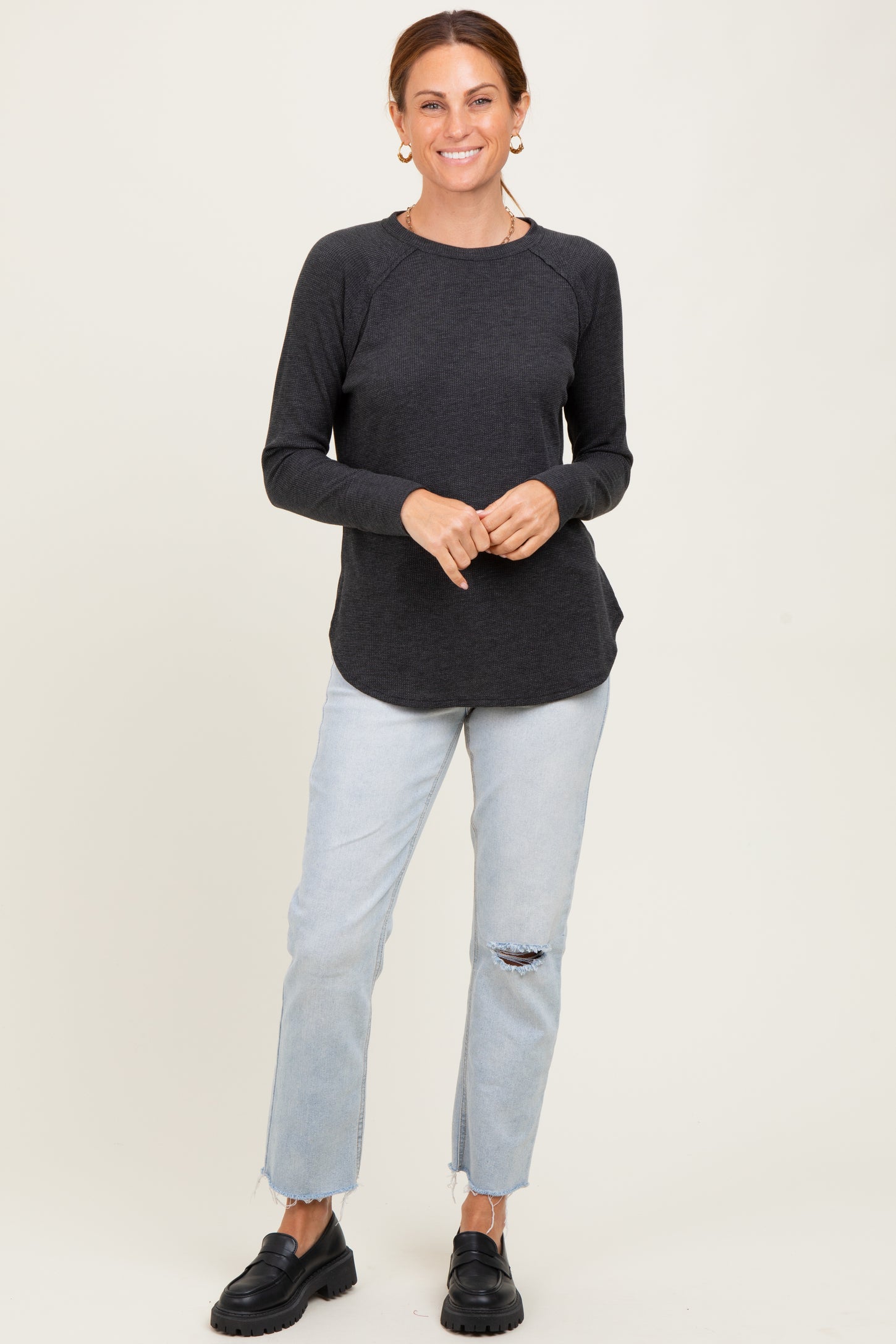 Charcoal Baby Waffle Knit Long Sleeve Top