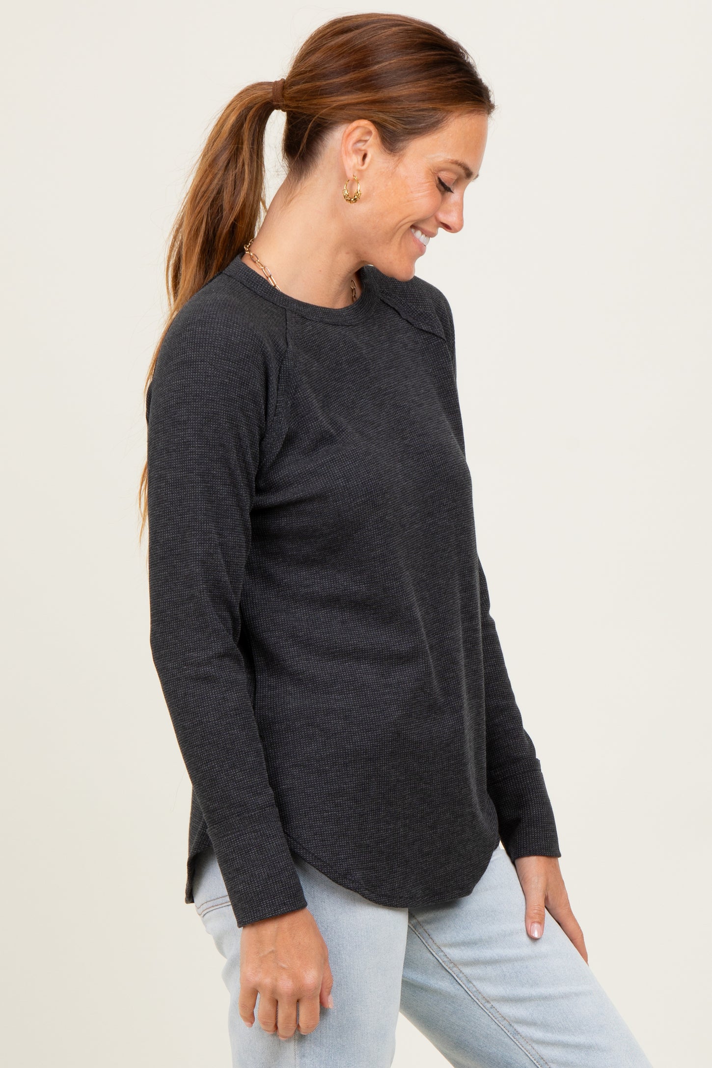 Charcoal Baby Waffle Knit Long Sleeve Top