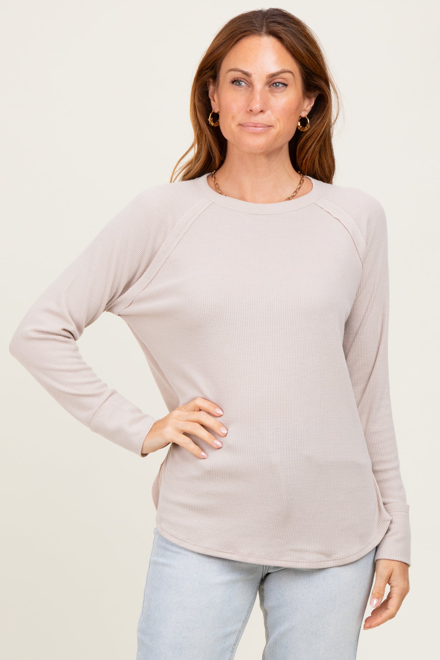 Beige Baby Waffle Knit Long Sleeve Maternity Top