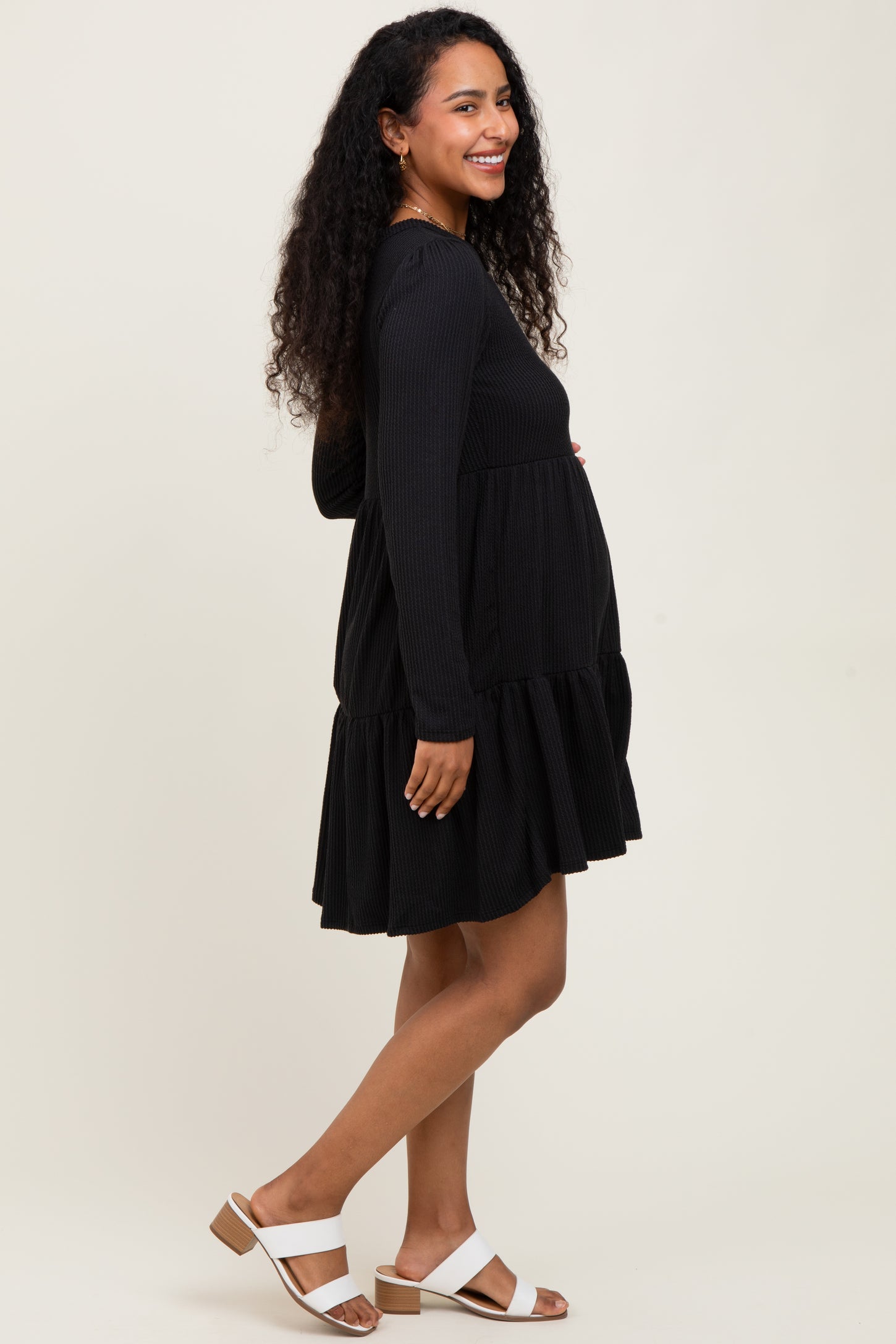 Black Textured Rib Tiered Long Sleeve Maternity Dress