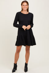 Black Textured Rib Tiered Long Sleeve Dress