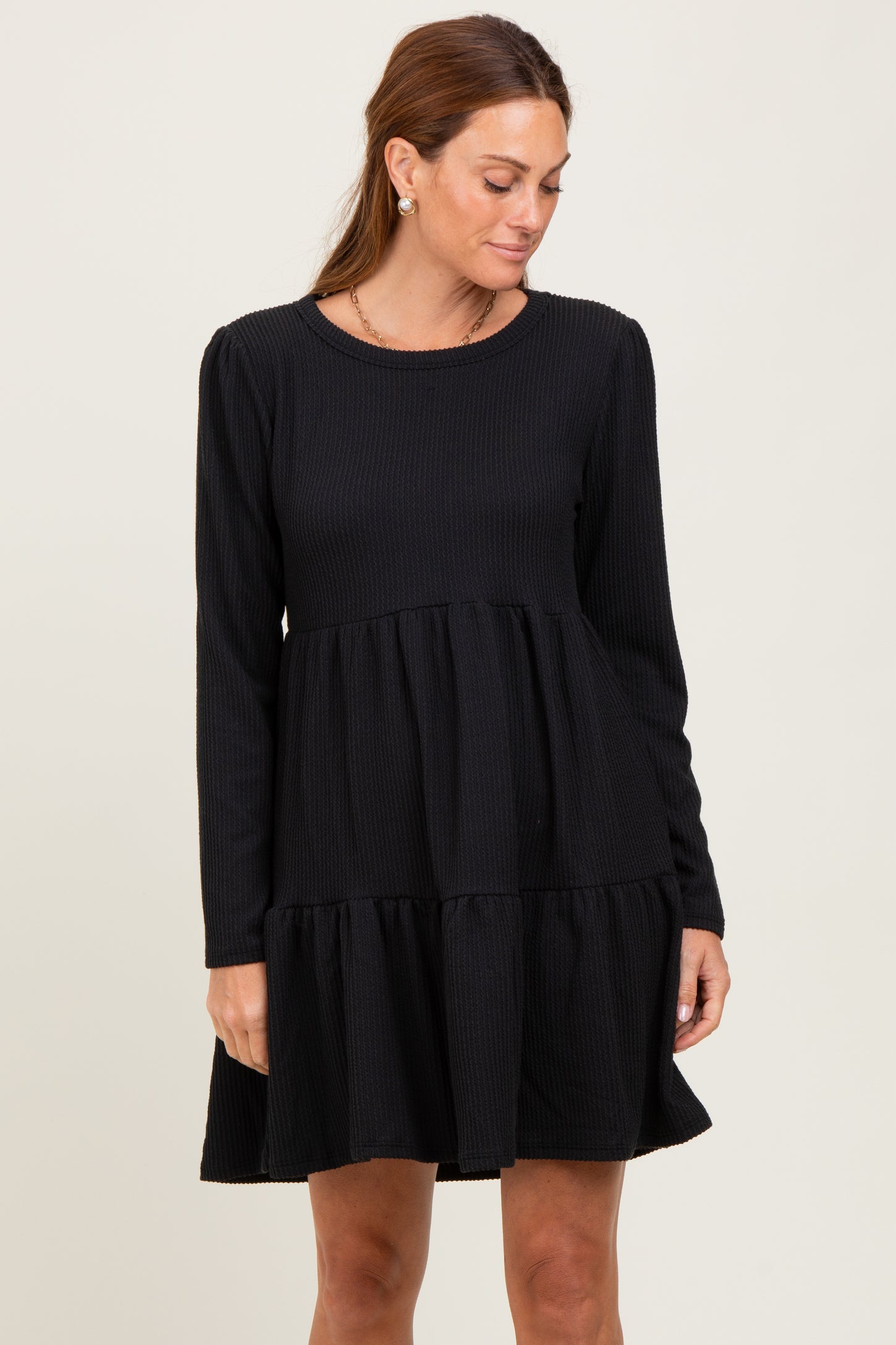 Black Textured Rib Tiered Long Sleeve Dress