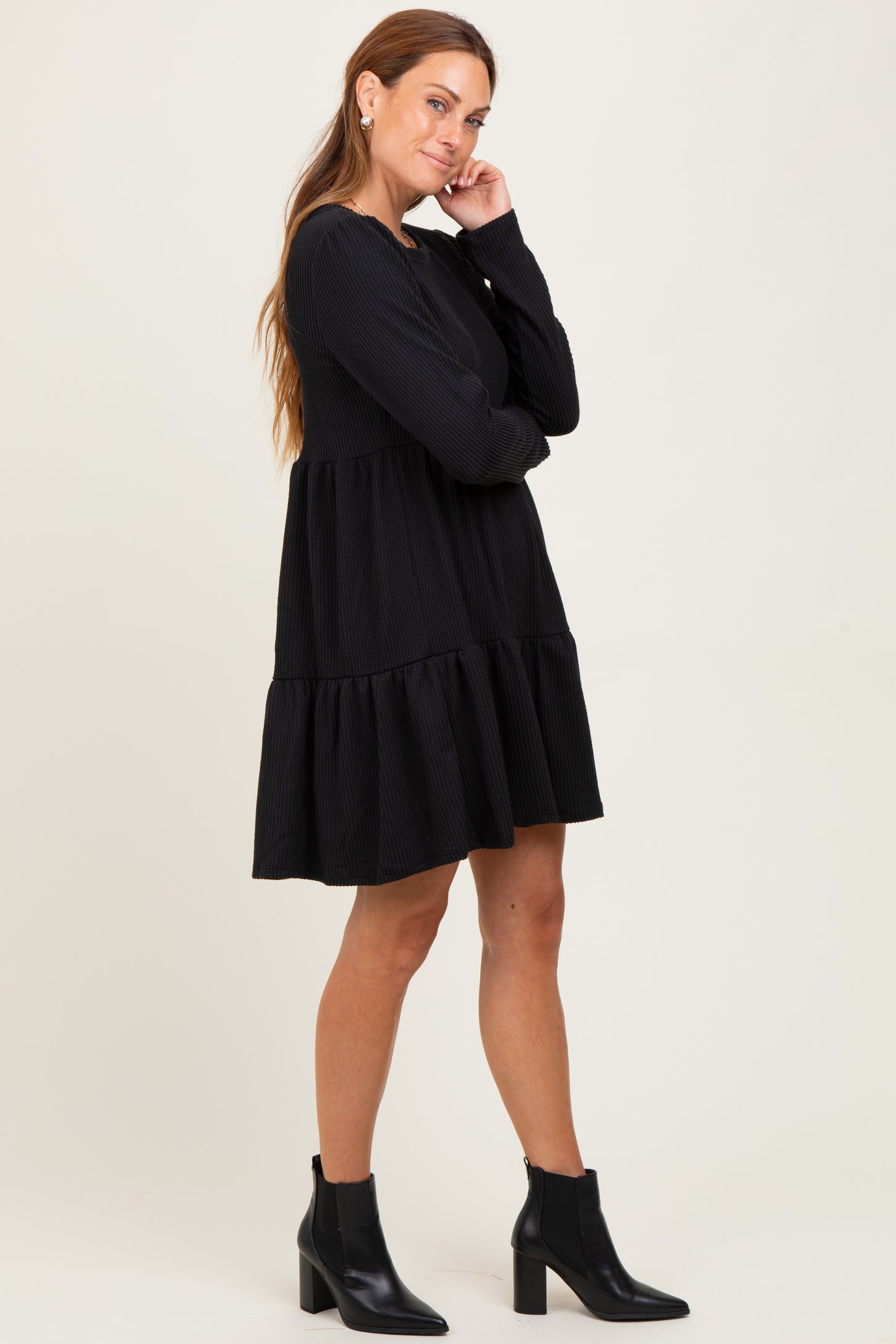 Black Textured Rib Tiered Long Sleeve Dress