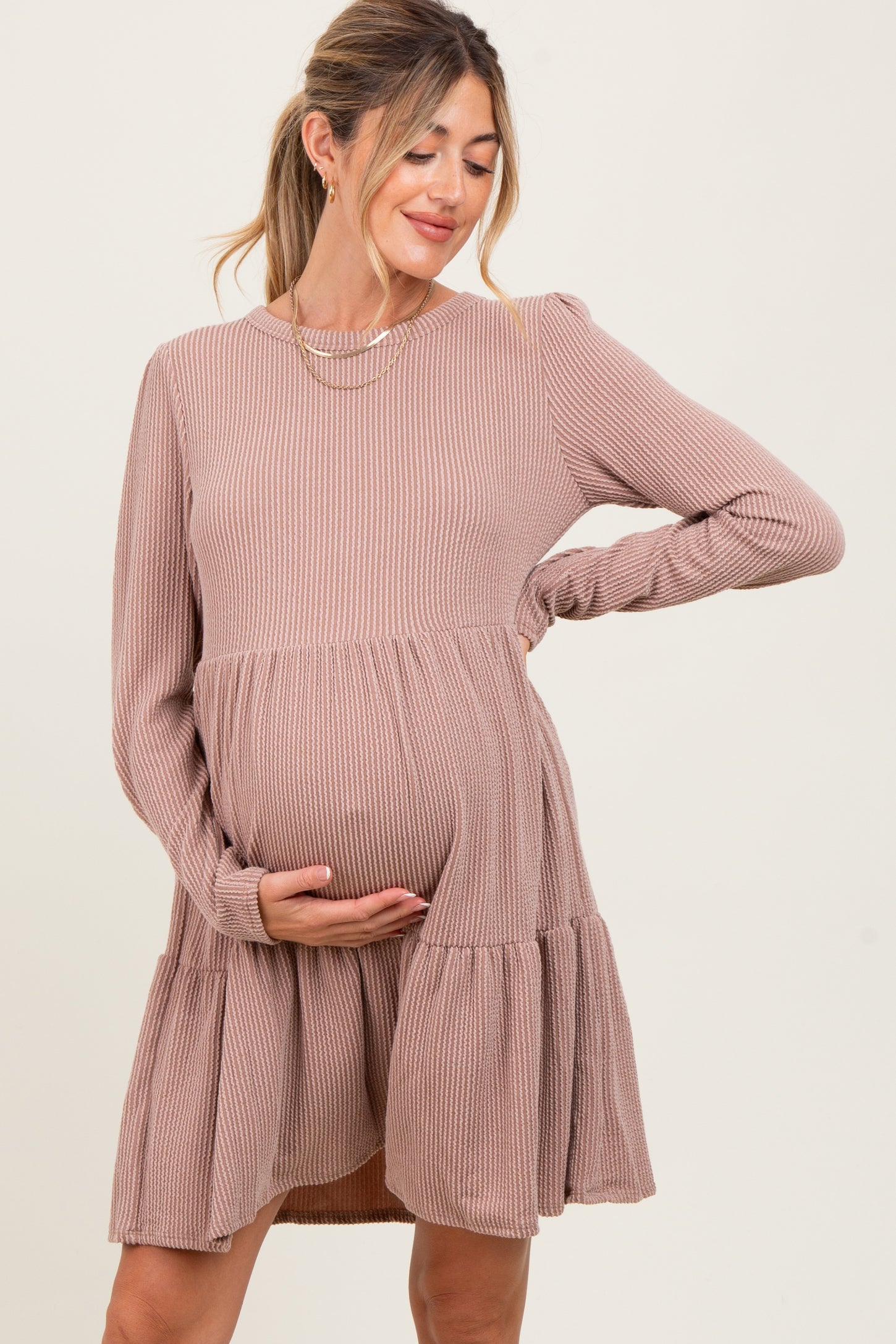 Taupe Textured Rib Tiered Long Sleeve Maternity Dress