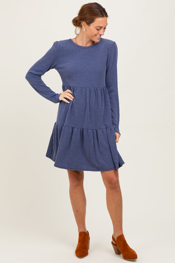 Navy Textured Rib Tiered Long Sleeve Dress