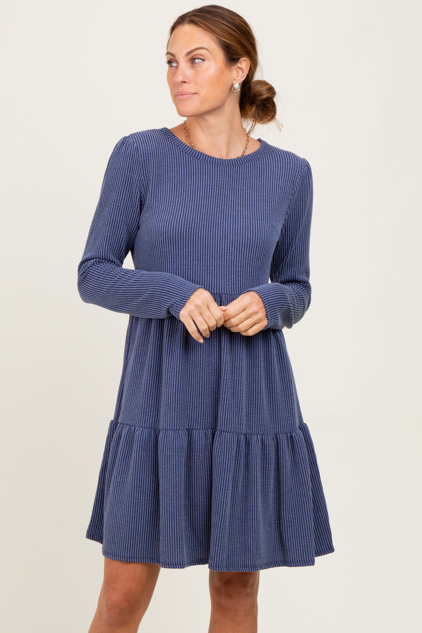Navy Textured Rib Tiered Long Sleeve Dress