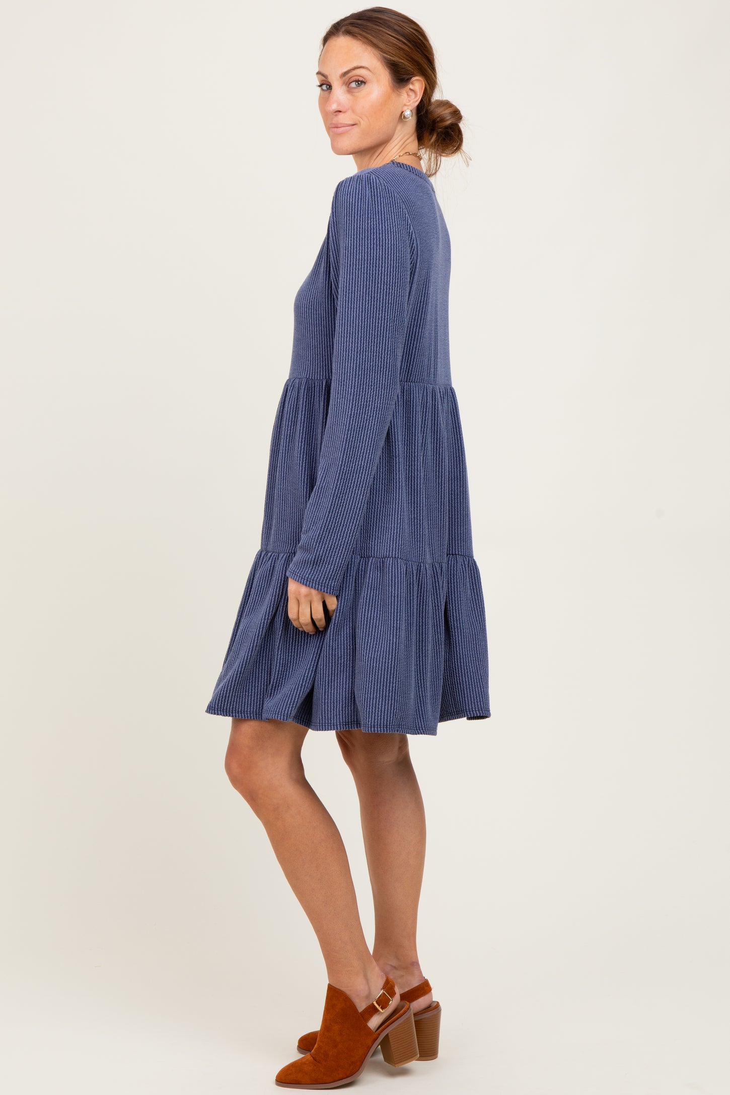 Navy Textured Rib Tiered Long Sleeve Dress