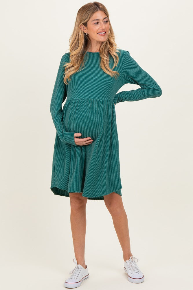 Forest Green Textured Rib Tiered Long Sleeve Maternity Dress