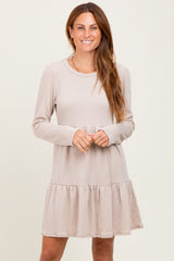 Beige Textured Rib Tiered Long Sleeve Dress