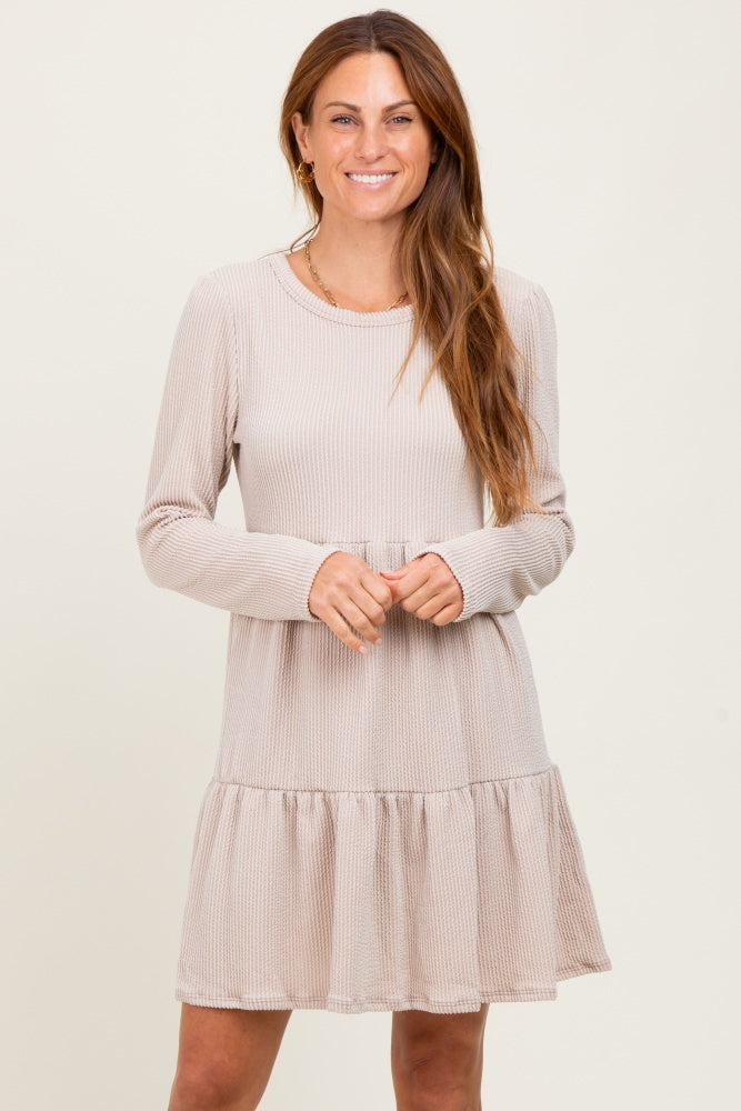 Beige Textured Rib Tiered Long Sleeve Maternity Dress
