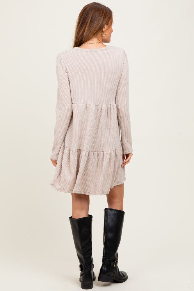 Beige Textured Rib Tiered Long Sleeve Dress