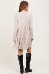 Beige Textured Rib Tiered Long Sleeve Dress