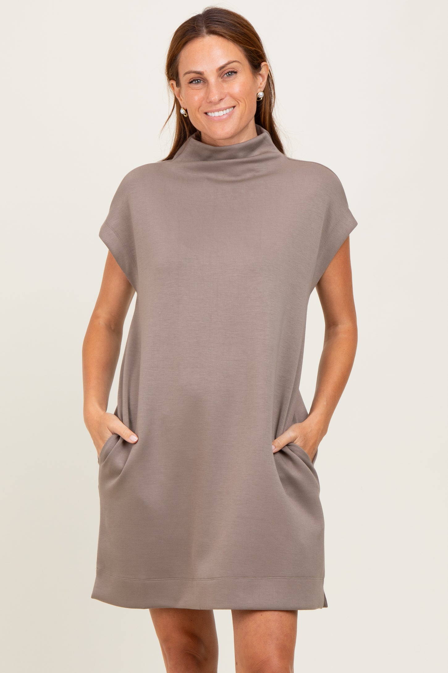 Light Taupe Mock Neck Maternity Mini Dress