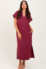 Burgundy Collared Short Sleeve Maternity Midi Dress