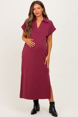 Burgundy Collared Short Sleeve Maternity Midi Dress