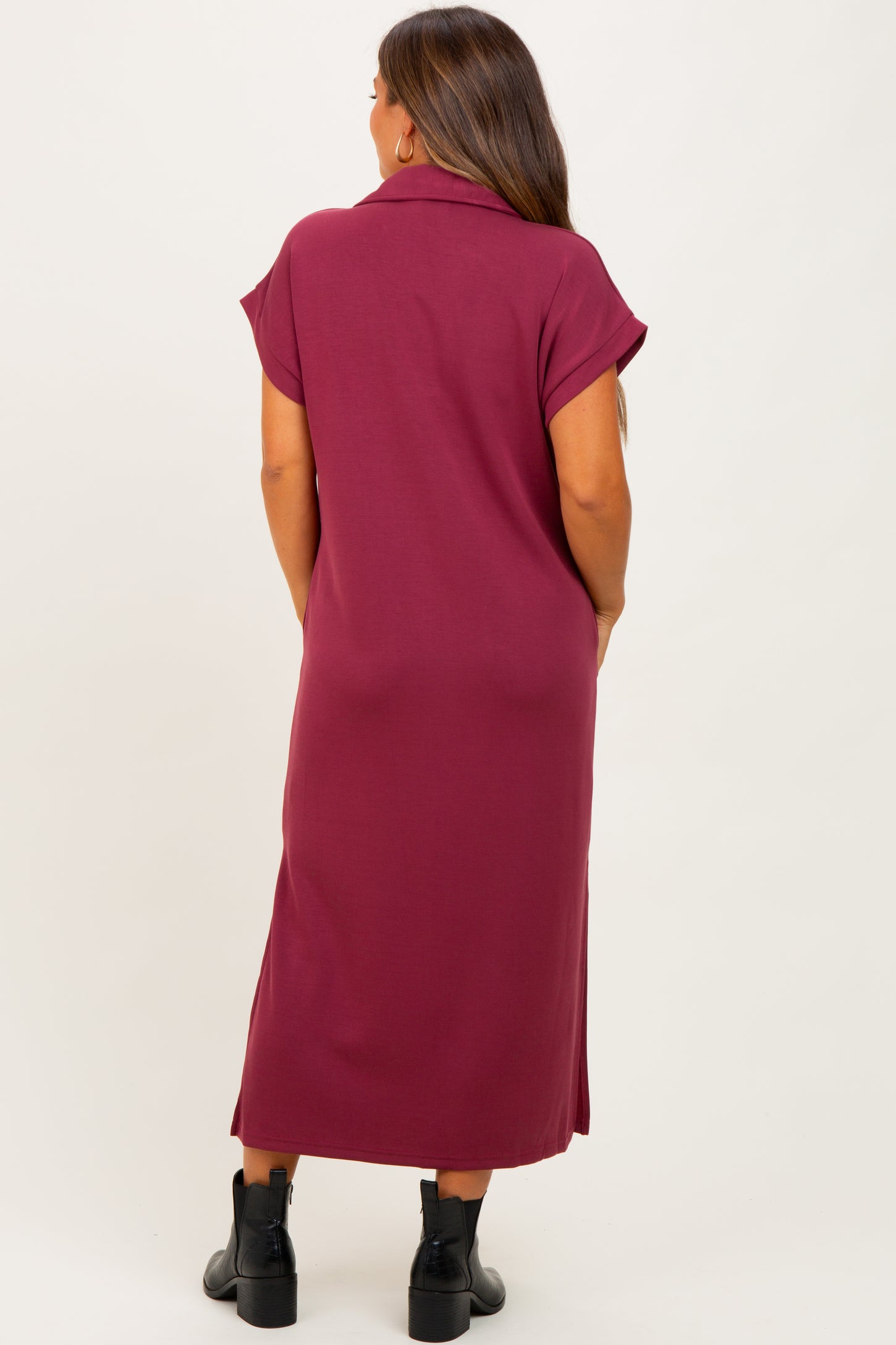 Burgundy Collared Short Sleeve Maternity Midi Dress