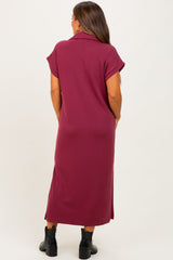 Burgundy Collared Short Sleeve Maternity Midi Dress