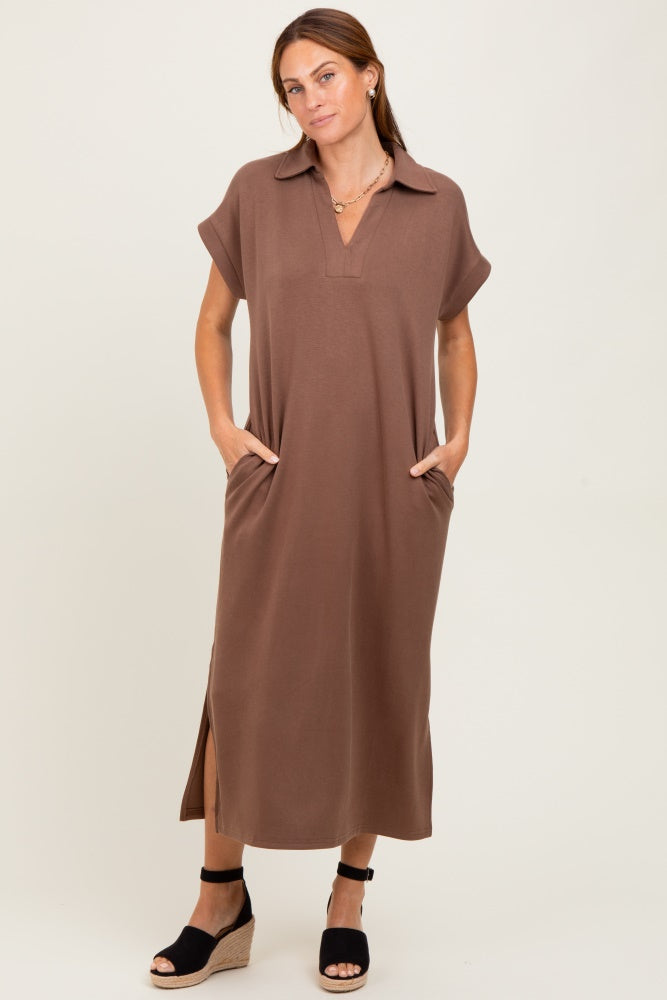 Mocha Collared Short Sleeve Midi Dress
