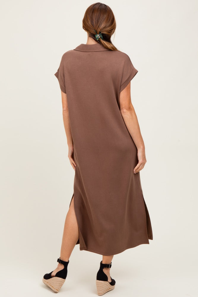 Mocha Collared Short Sleeve Midi Dress
