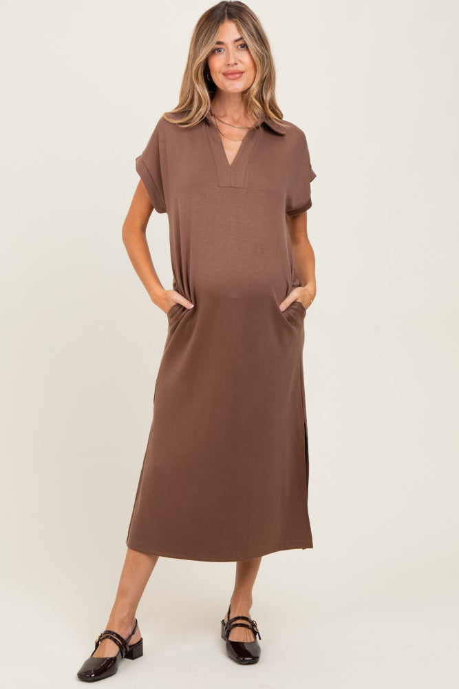 Mocha Collared Short Sleeve Maternity Midi Dress