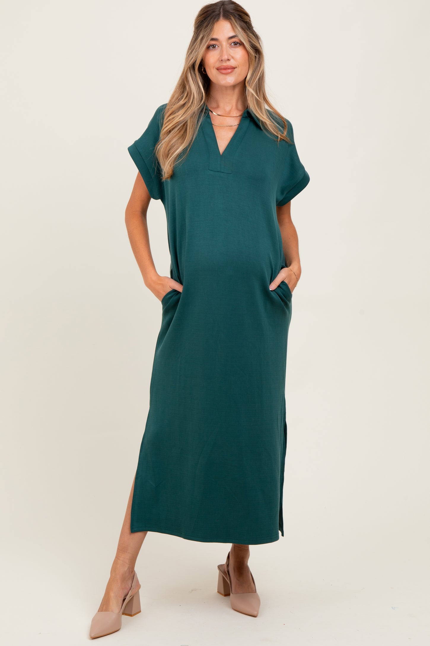 Forest Green Collared Short Sleeve Maternity Midi Dress