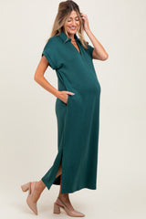Forest Green Collared Short Sleeve Maternity Midi Dress