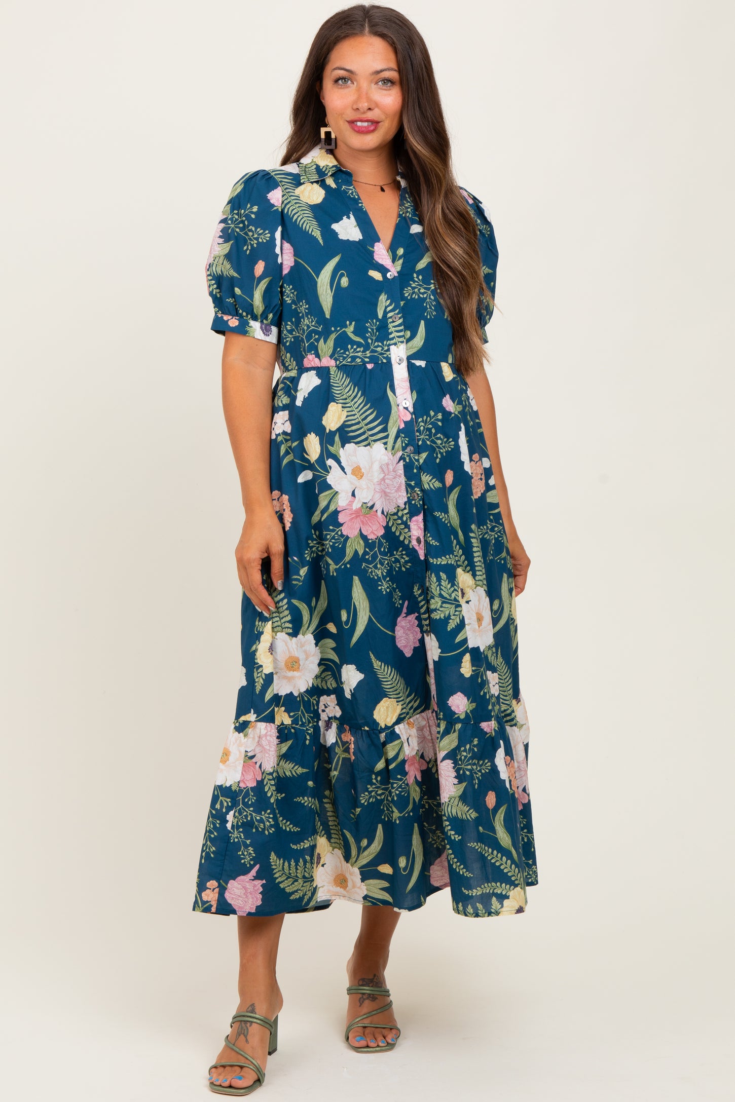 Deep Teal Floral Puff Sleeve Button Down Maternity Midi Dress