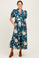 Deep Teal Floral Puff Sleeve Button Down Midi Dress