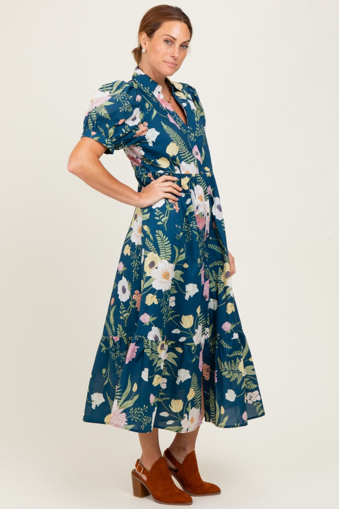 Deep Teal Floral Puff Sleeve Button Down Midi Dress