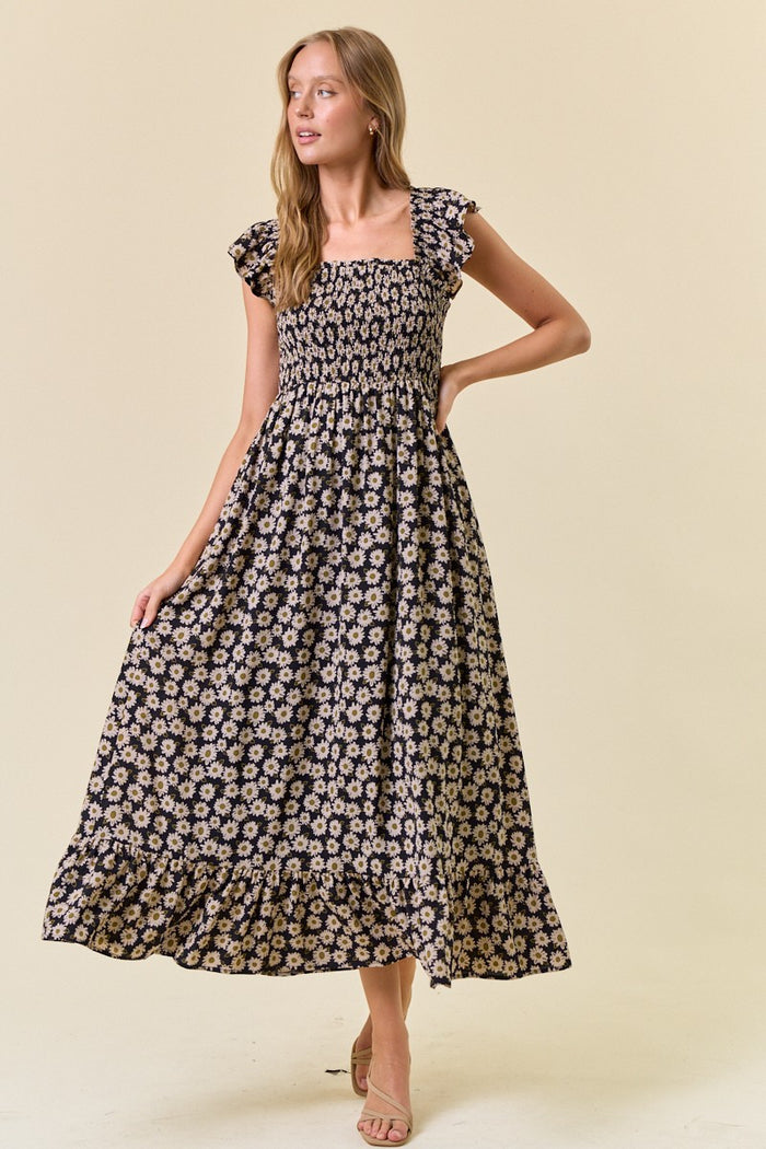 Black Floral Smocked Maternity Midi Dress