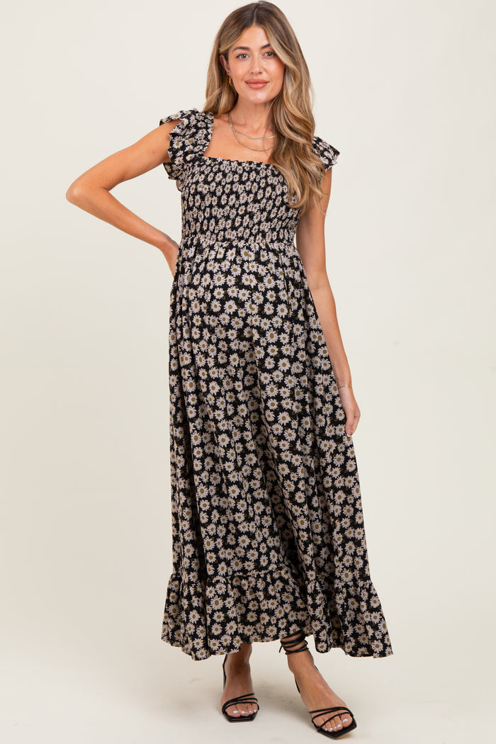 Black Floral Smocked Maternity Midi Dress