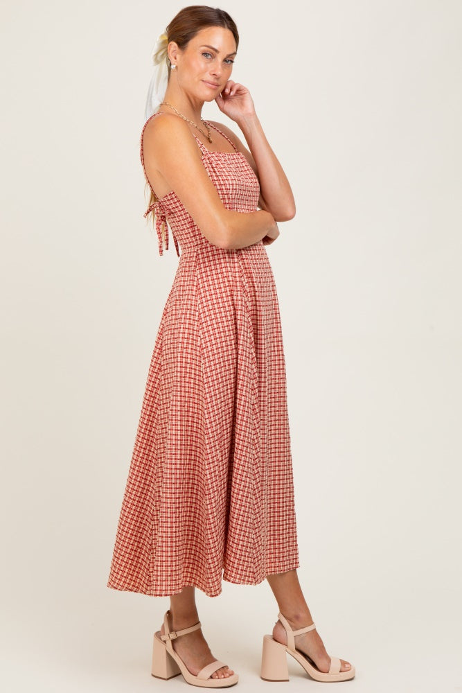 Red Plaid Double Strap Sleeveless Midi Dress