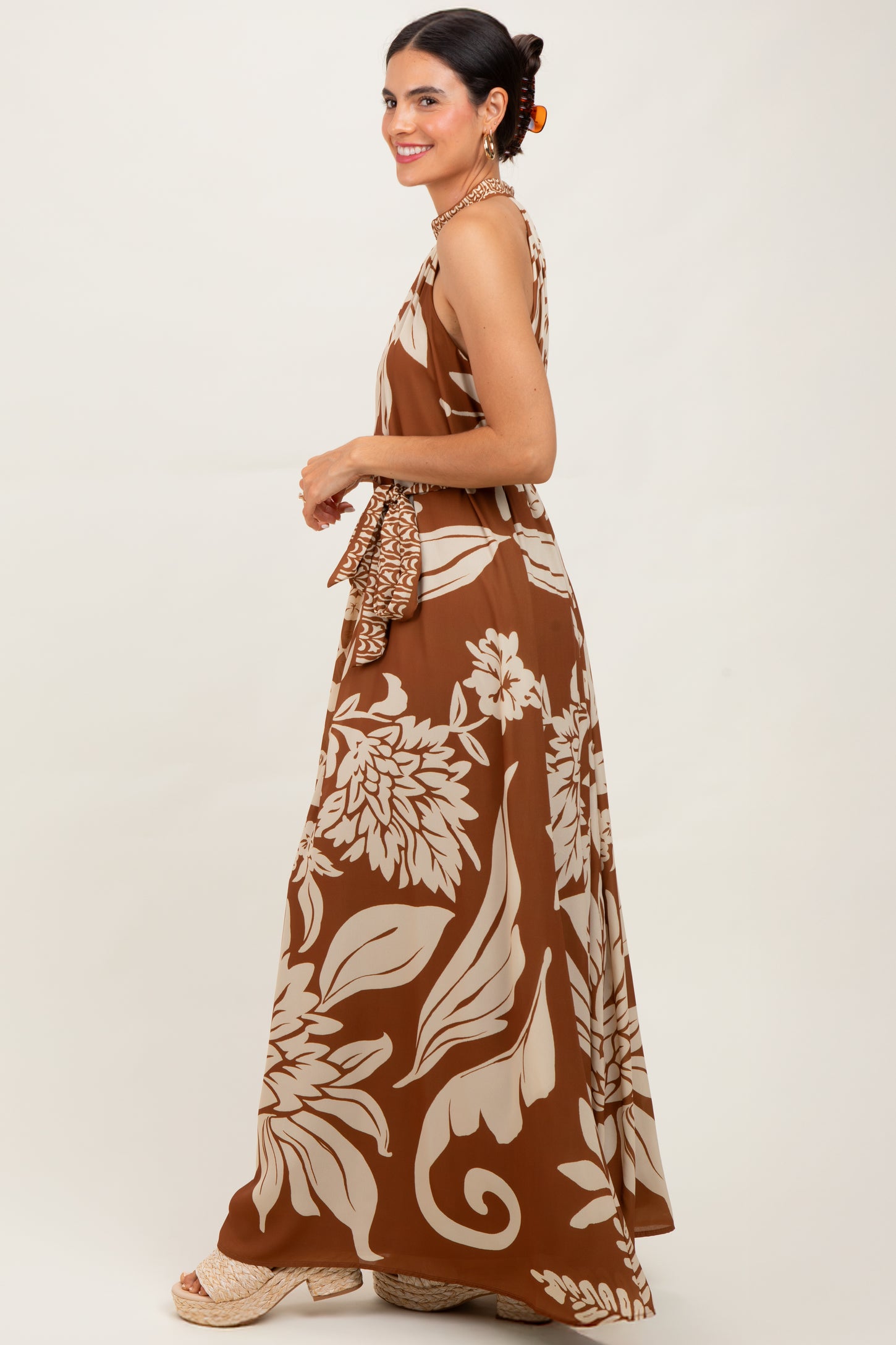 Camel Floral Halter Sleeveless Maxi Dress