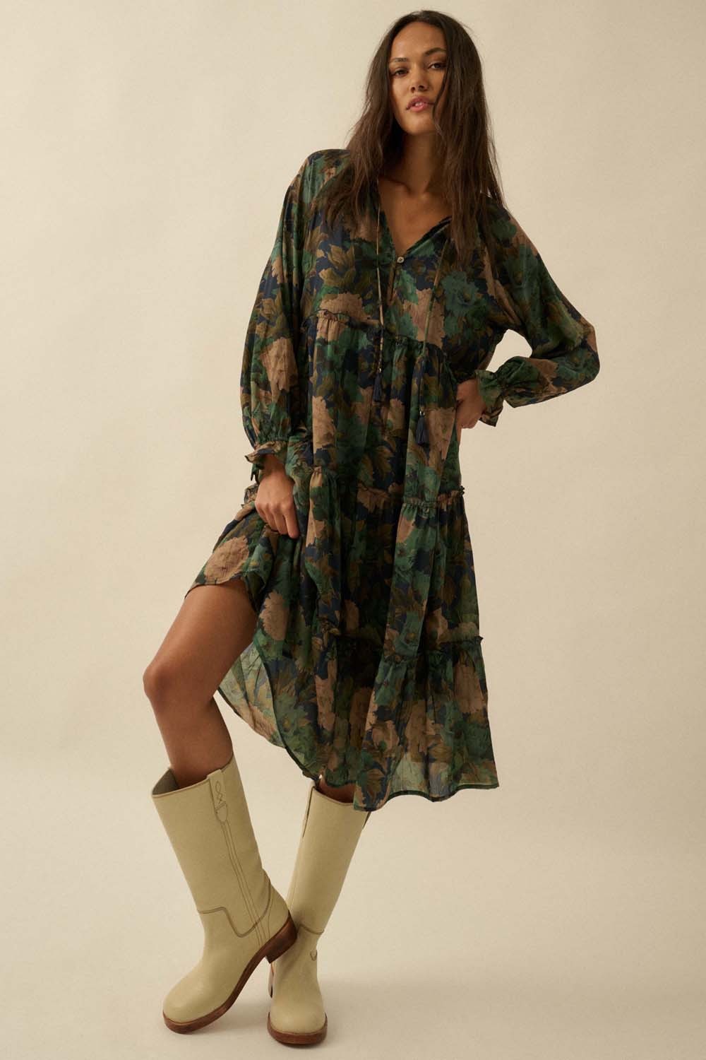 Navy Floral Chiffon Ruffle Tiered Midi Dress