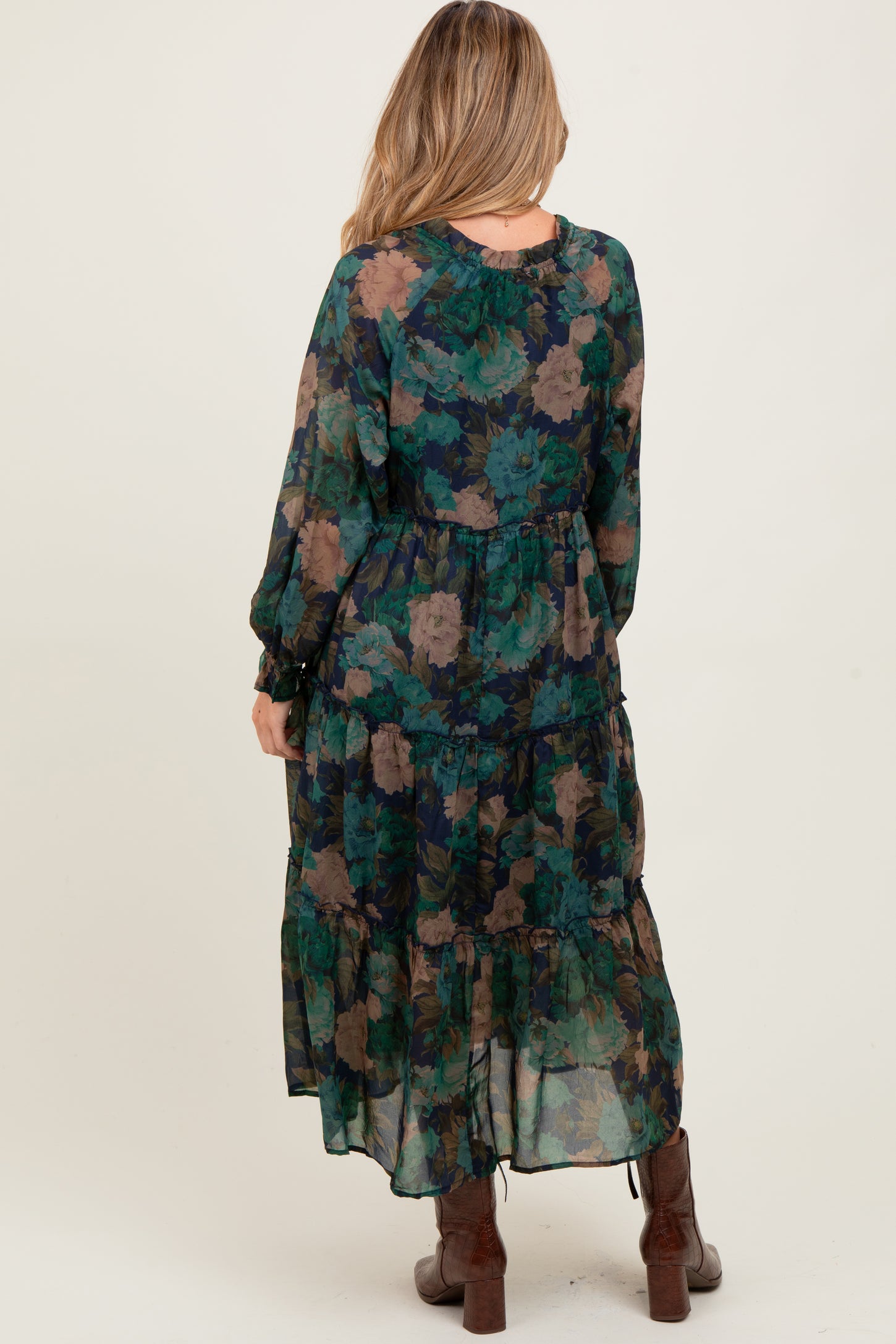 Navy Floral Chiffon Ruffle Tiered Maternity Midi Dress