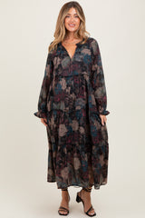 Black Floral Chiffon Ruffle Tiered Maternity Midi Dress