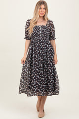 Brown Floral Smocked Puff Sleeve Midi Dress