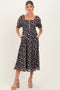 Brown Floral Smocked Puff Sleeve Maternity Midi Dress