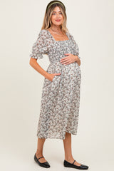 Cream Floral Smocked Puff Sleeve Maternity Midi Dress