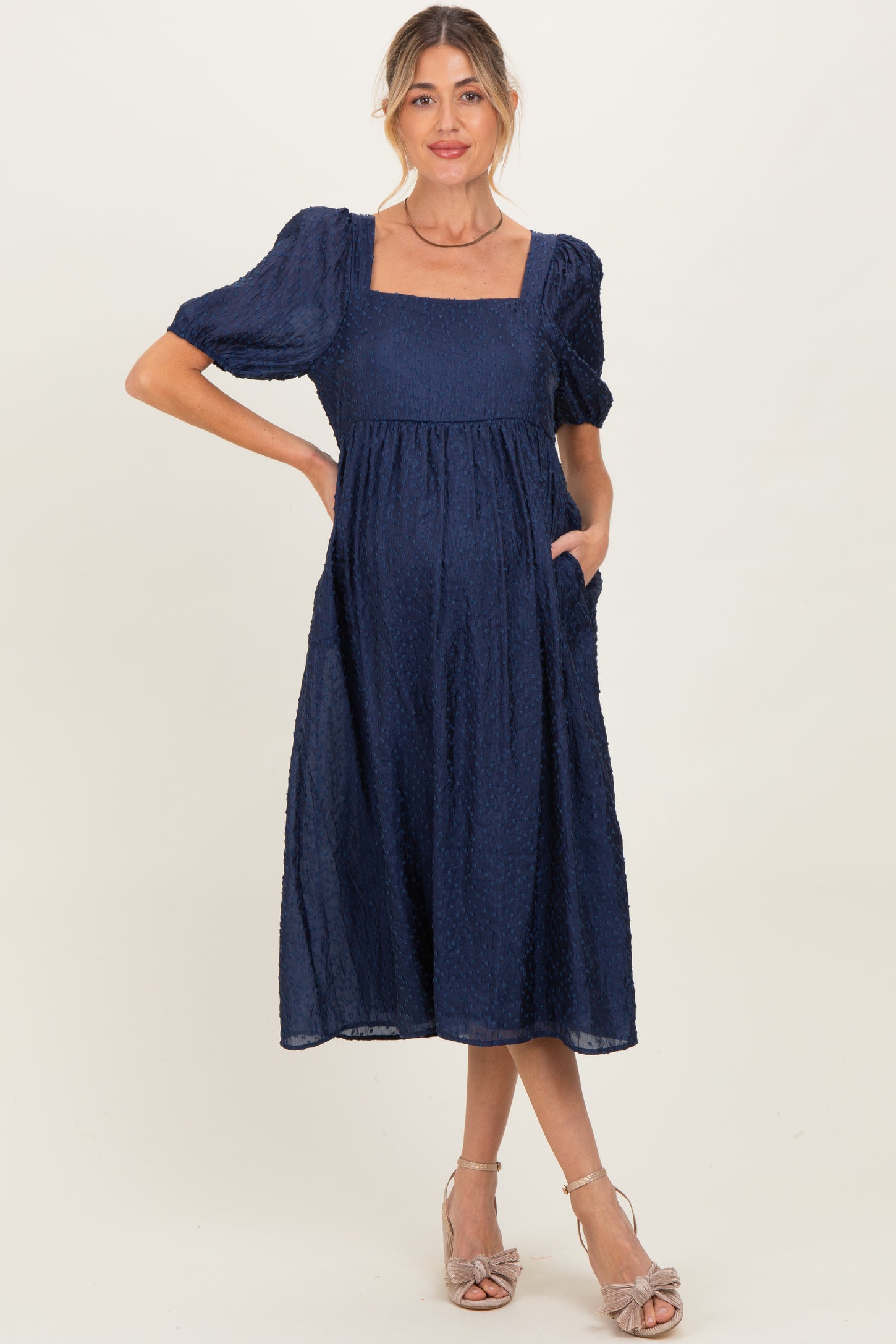 Navy Swiss Dot Puff Sleeve Maternity Midi Dress