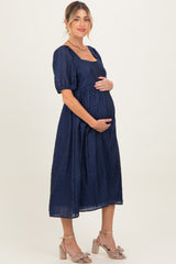 Navy Swiss Dot Puff Sleeve Maternity Midi Dress