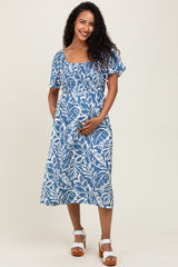 Light Navy Leaf Print Smocked Maternity Midi Dress