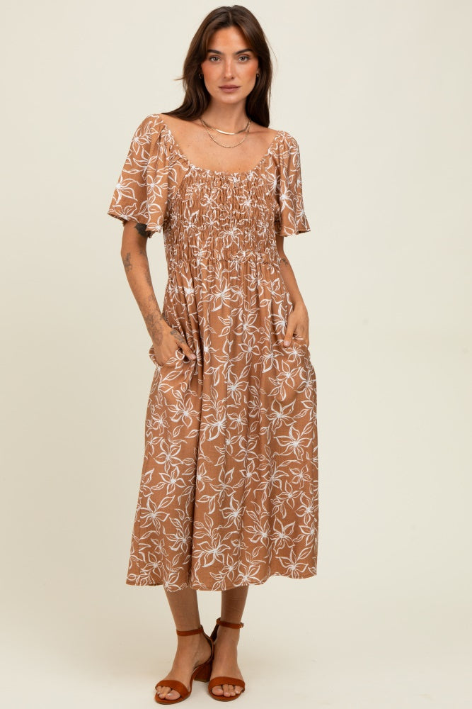 Mocha Floral Print Maternity Midi Dress