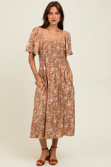 Mocha Floral Print Maternity Midi Dress